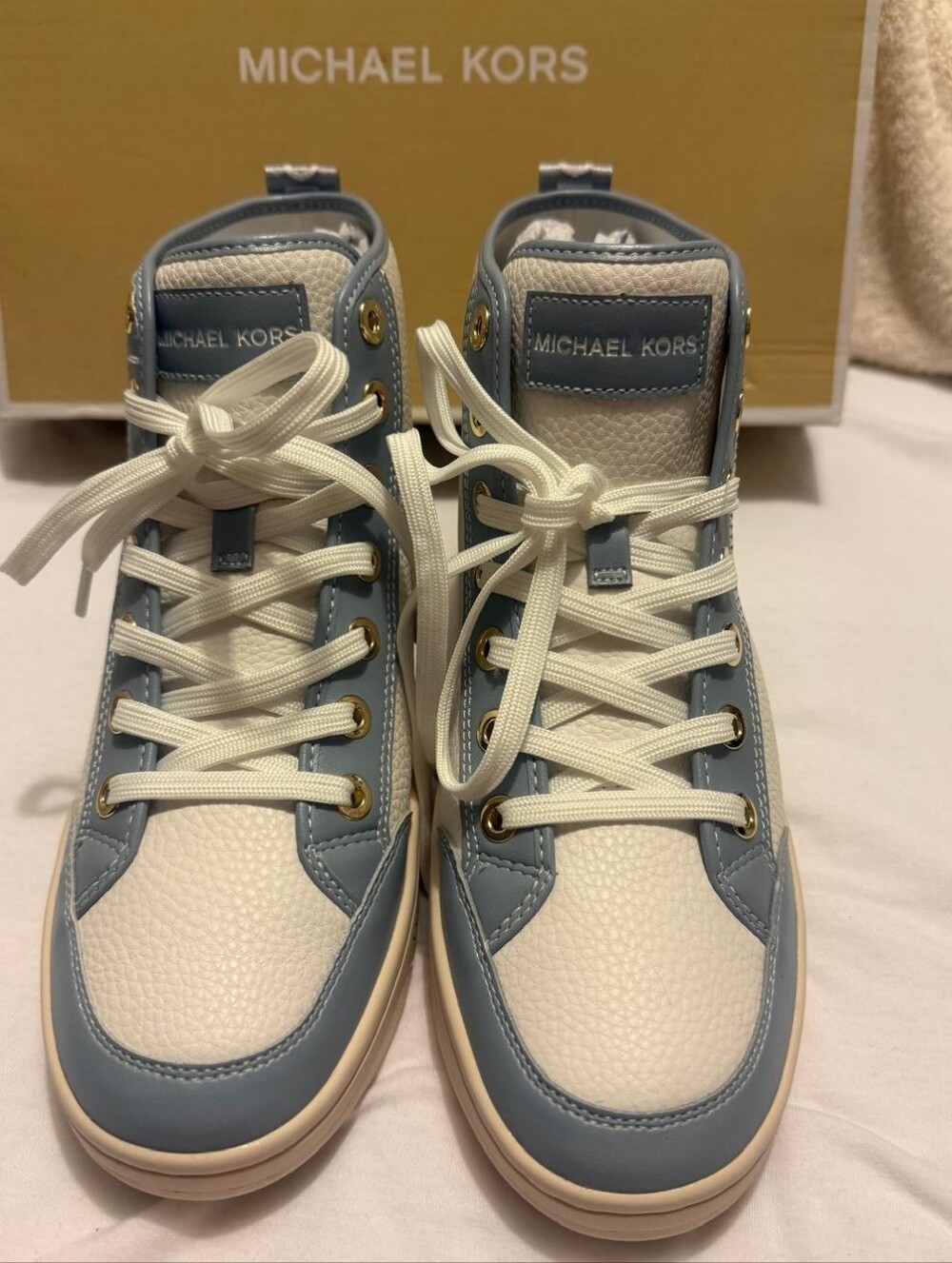 Michael Kors Women White and Light Blue High-Top Sneakers